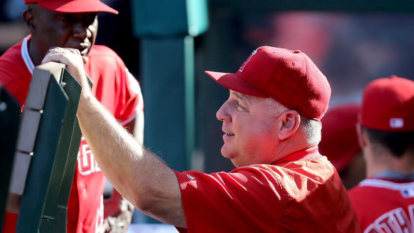 Angels Manager Mike Scioscia in the dugout before a game against the Oakland A's last season.