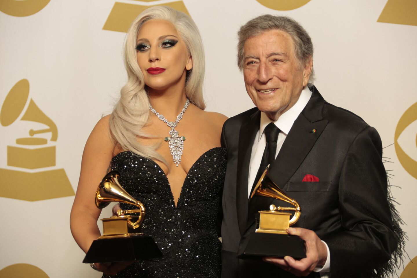 Tony Bennett and Lady Gaga with their Grammy for traditional pop vocal album for "Cheek To Cheek."