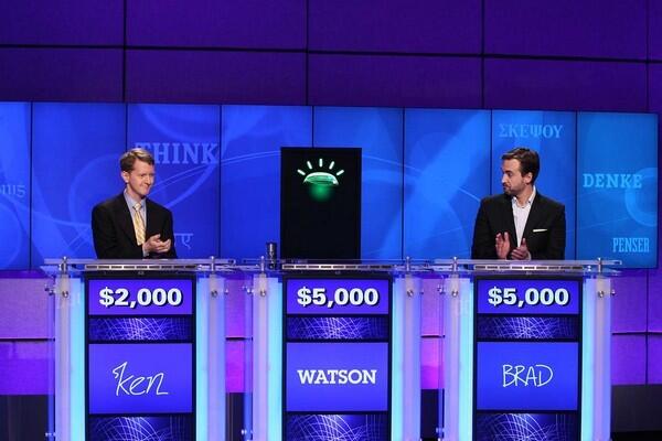 God created man. Man created Watson. Watson went on to crush man on the TV game show "Jeopardy!" But Watson hasn't declared itself God ... yet. For now, the IBM-created device is reveling in its $77,147 haul after blowing away former "Jeopardy!" champions Ken Jennings, left, and Brad Rutter. For a ratings ploy that made the 27th season of "Jeopardy!'s" current run a headline grabber, it's a hit. For a snapshot of the coming battle of humans versus the machines, we give this one a terrified miss.