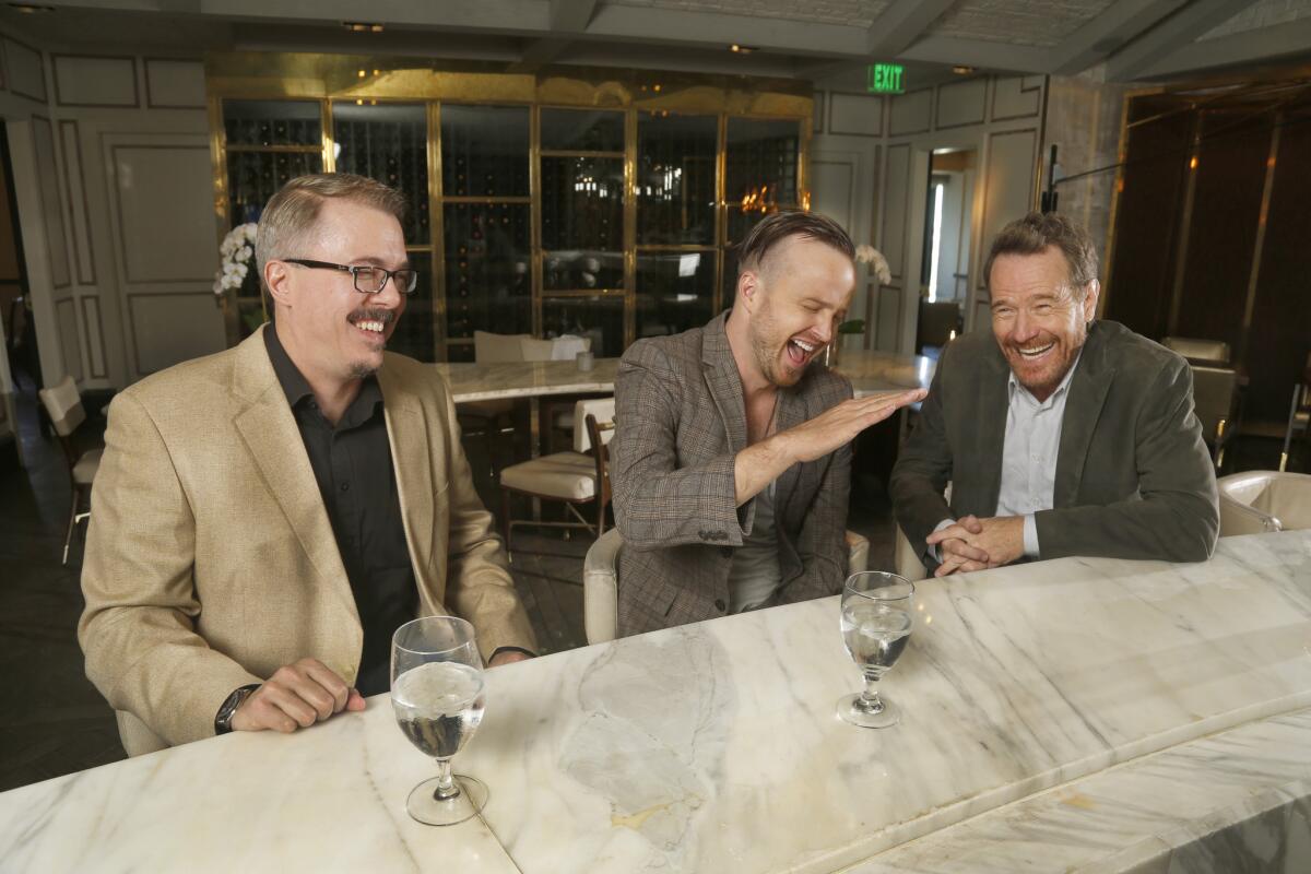 "Breaking Bad" series creator Vince Gilligan, left, and stars Bryan Cranston and Aaron Paul talk about the success of the series and the final episode.