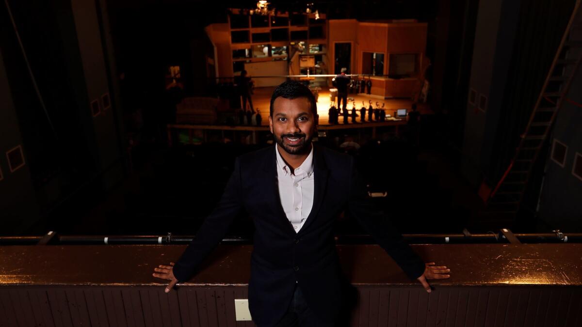 Snehal Desai, artistic director at East West Players, inside the Little Tokyo theater where his company is staging "Yohen" starring Danny Glover. The production, presented with the Robey Theatre Company, reflects Desai's emphasis on partnerships.