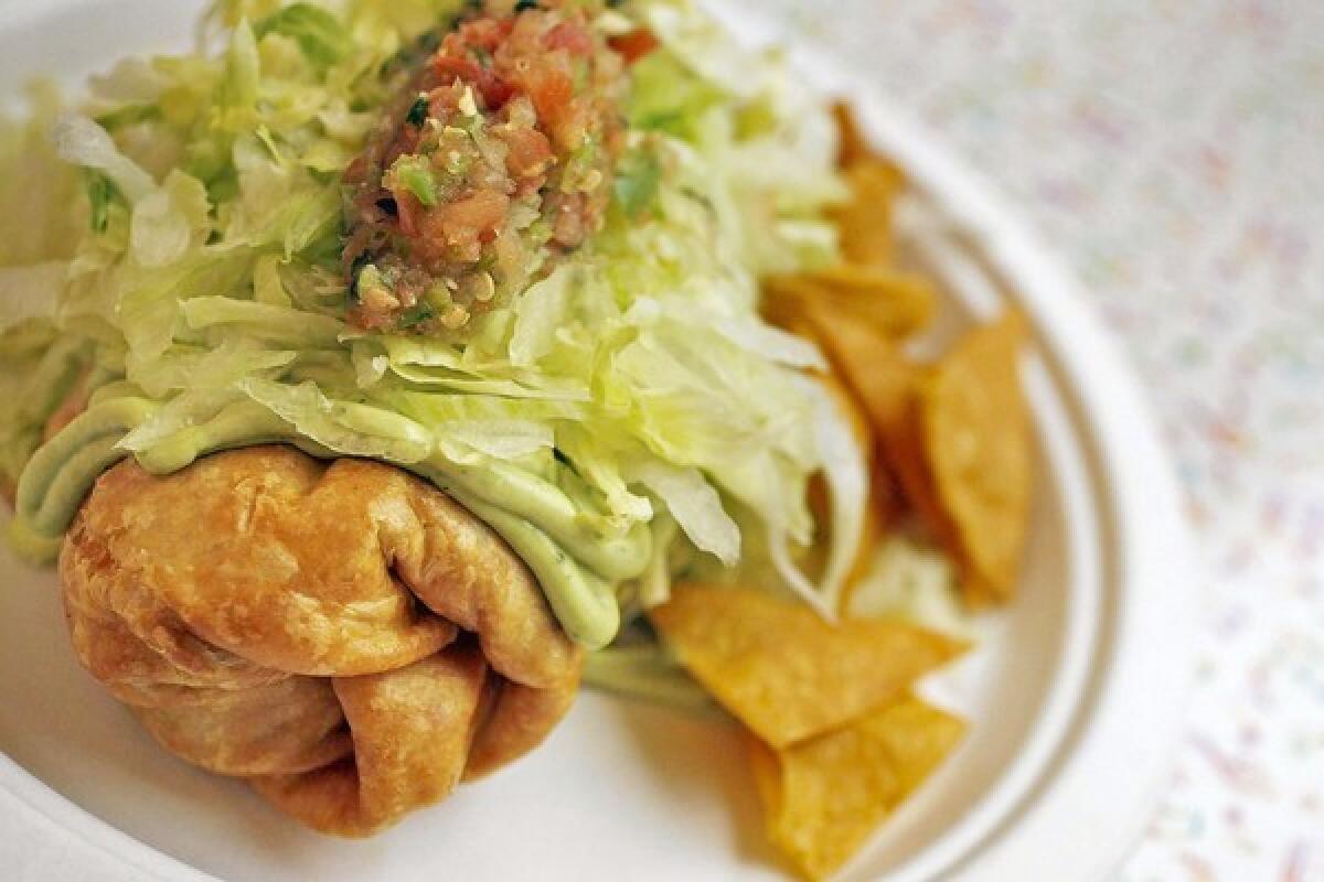 Peacha's in Burbank serves a filing chimichanga, which is a deep-fried burrito topped with salsa.