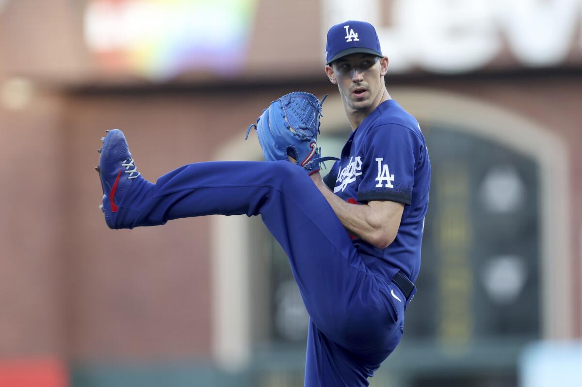 Dodgers' Walker Buehler pitches against the San Francisco Giants on June 10, 2022.