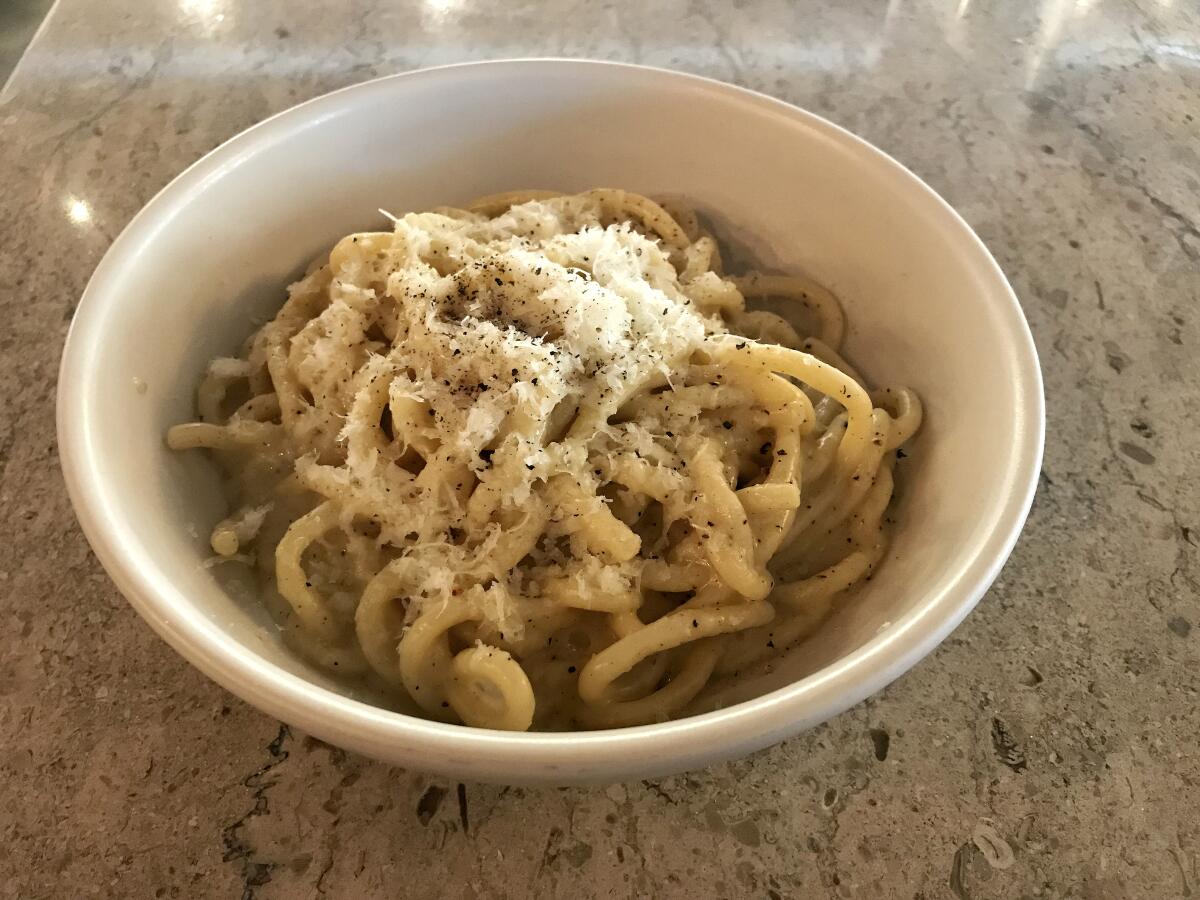 Bucatini carbonara at Osteria Moto in El Dorado Hills, Calif.