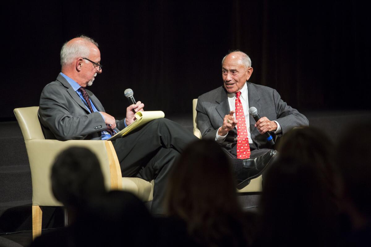 LAUSD Supt. Ramon C. Cortines, right, in conversation Wednesday with L.A. Times columnist Steve Lopez in the Chandler Auditorium at the Los Angeles Times.