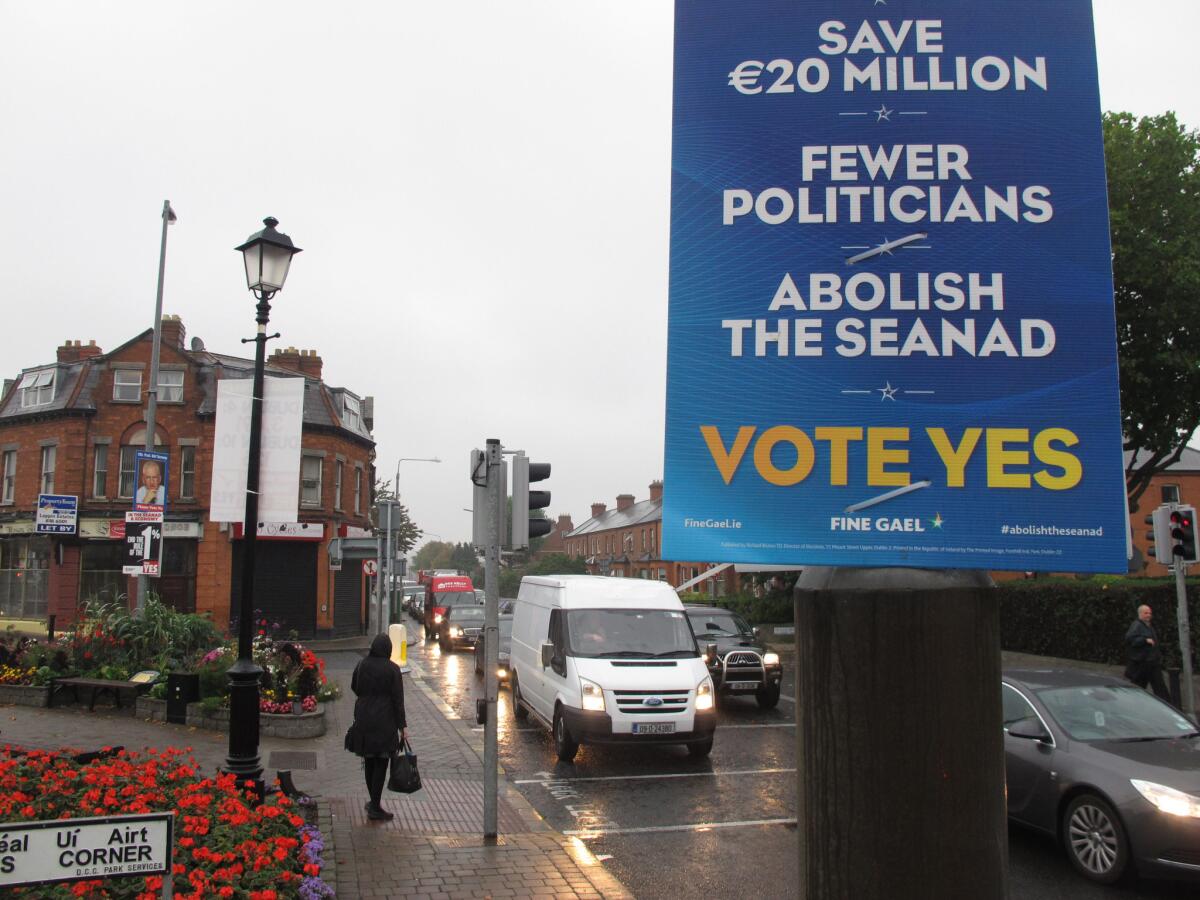 An Irish government campaign poster in Dublin urges voters to support the abolition of the country's Senate.