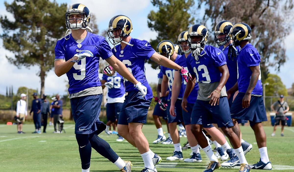 Rams' J.J. Worton (9) warms up during rookie camp on Friday in Oxnard.