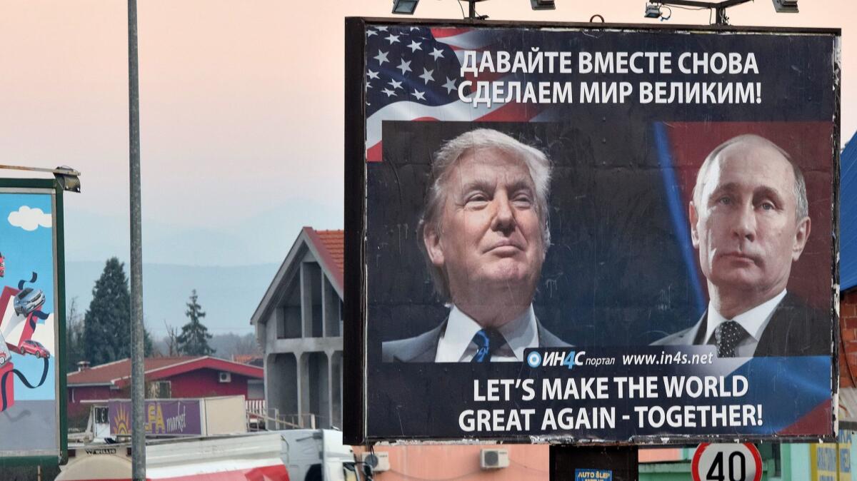 A billboard President Trump and Russian President Vladimir Putin in the town of Danilovgrad, Montenegro, on Nov. 16.
