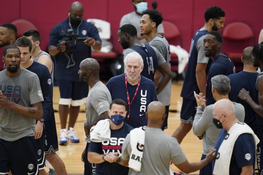 Head coach Gregg Popovich during training for USA Basketball, Tuesday, July 6, 2021, in Las Vegas. (AP Photo/John Locher)