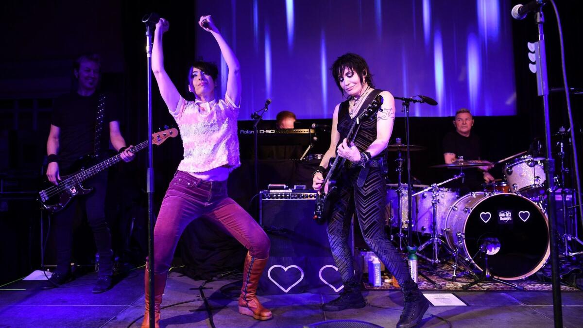 Kathleen Hanna and Joan Jett perform during the Sundance Film Festival to promote the documentary "Bad Reputation."