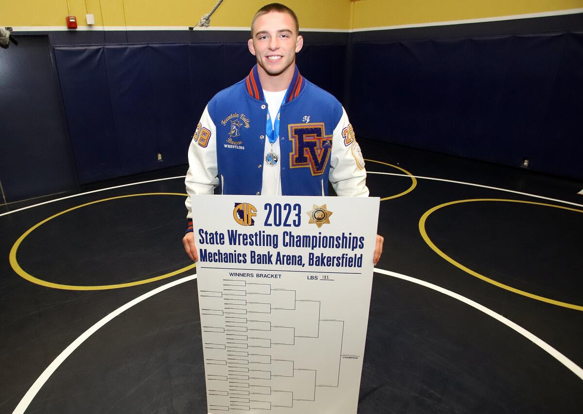 Fountain Valley's TJ McDonnell, holding the 2023 CIF State wrestling winner's bracket, was the 182-pound state champion. 