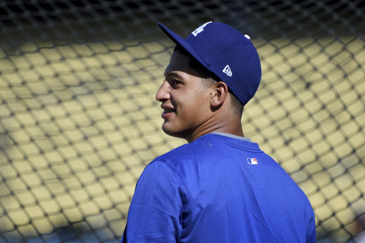 Los Angeles Dodgers prospect Diego Cartaya, of Venezuela, waits for batting practice before a baseball game
