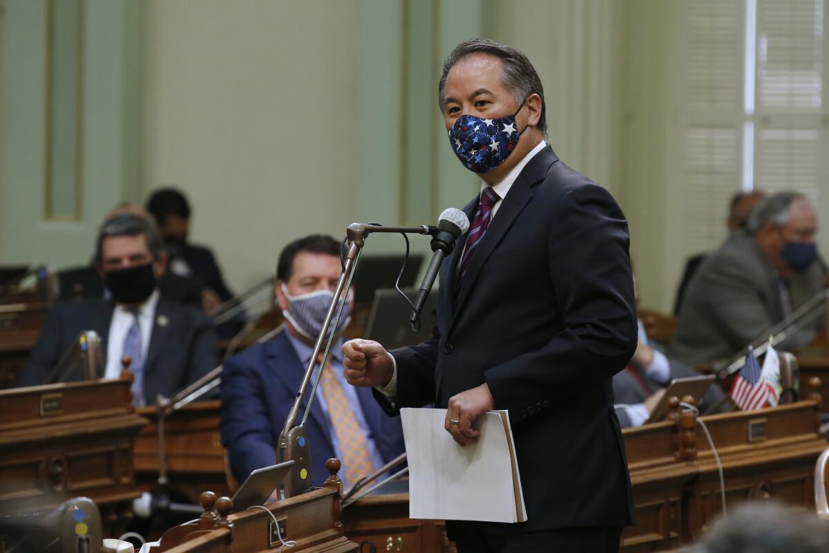 Assemblyman Phil Ting, D-San Francisco, urges lawmakers to approve the state budget plan,