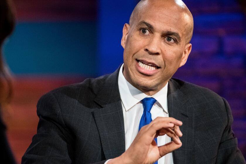 CHARLESTON, SC - JUNE 15: Democratic presidential candidate U.S. Sen. Cory Booker (D-NJ) participates in the Black Economic Alliance Forum at the Charleston Music Hall at the Charleston Music Hall on June 15, 2019 in Charleston, South Carolina. The Black Economic Alliance, is a nonpartisan group founded by Black executives and business leaders, and is hosting the forum in order to help Black voters understand the candidate's platforms. (Photo by Sean Rayford/Getty Images) ** OUTS - ELSENT, FPG, CM - OUTS * NM, PH, VA if sourced by CT, LA or MoD **