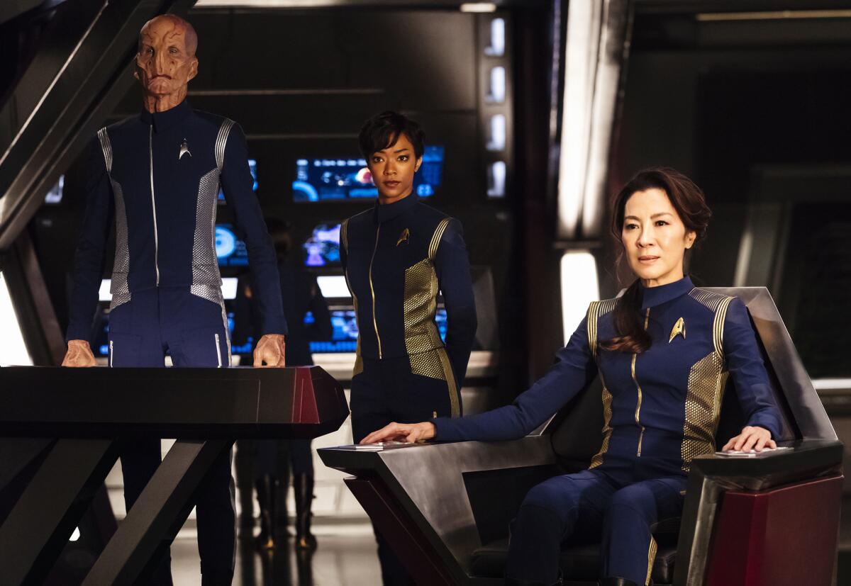 Doug Jones, left, Sonequa Martin-Green and Michelle Yeoh in a scene from “Star Trek: Discovery” on CBS.