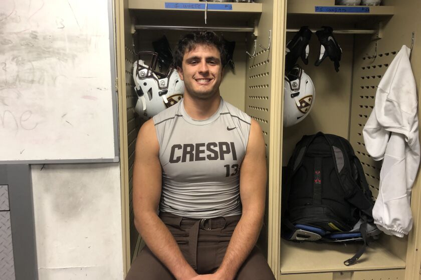 Defensive end Jackson White, a three-sport athlete, is one of 28 multi-sport athletes playing varsity football for 3-0 Crespi.