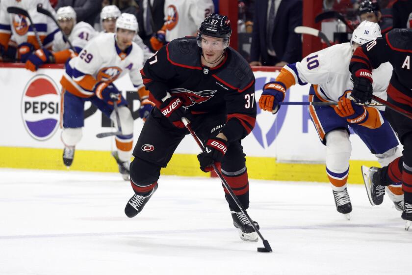 Carolina Hurricanes' Andrei Svechnikov (37) controls the puck against the New York Islanders during the second period in Game 5 of an NHL hockey Stanley Cup first-round playoff series in Raleigh, N.C., Tuesday, April 30, 2024. (AP Photo/Karl B DeBlaker)