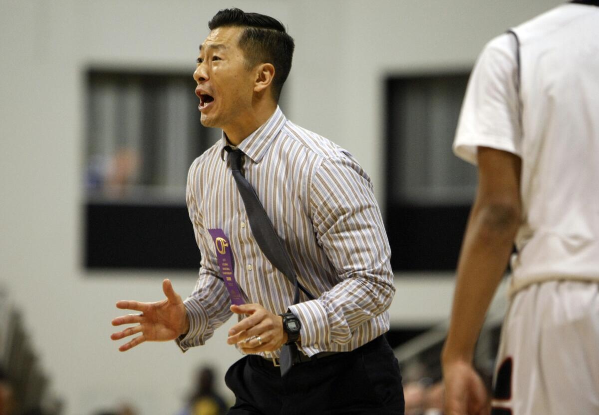 Chino Hills High School head coach Steve Baik directs his team during a game against Centennial High School in the Division I Southern California Regional final on March 21.