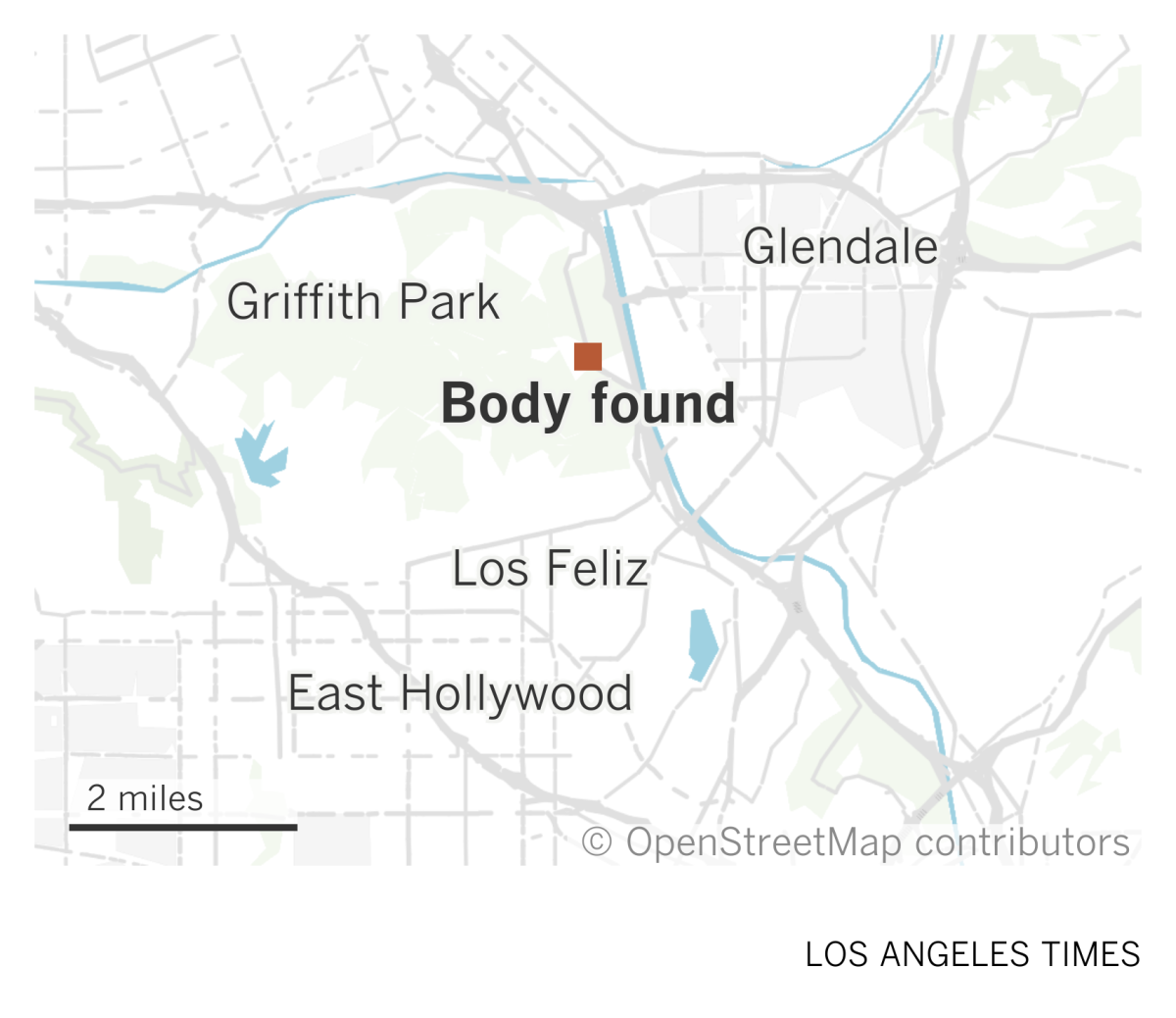 A map of the area around Griffith Park in Los Angeles showing where a body was found on the east end of the park