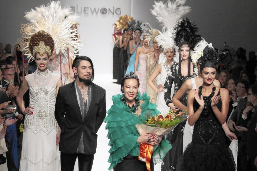 Designer Sue Wong, seen last October during her runway show at Style Fashion Week (with host Dave Navarro), will show her spring 2016 collection Oct. 5 at an Art Hearts Fashion event at the Taglyan Complex in Hollywood.