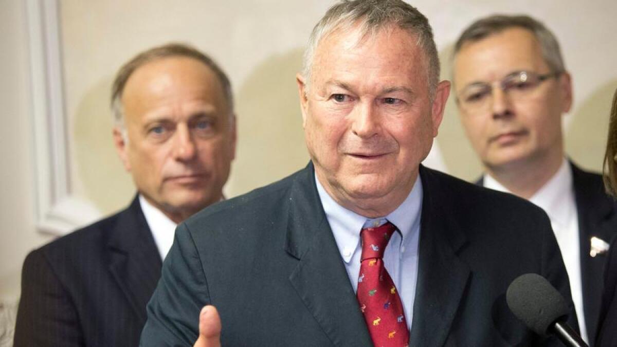 Rep. Dana Rohrabacher speaks to Russian lawmakers at a meeting in the Russian parliament's lower house in May 2013.