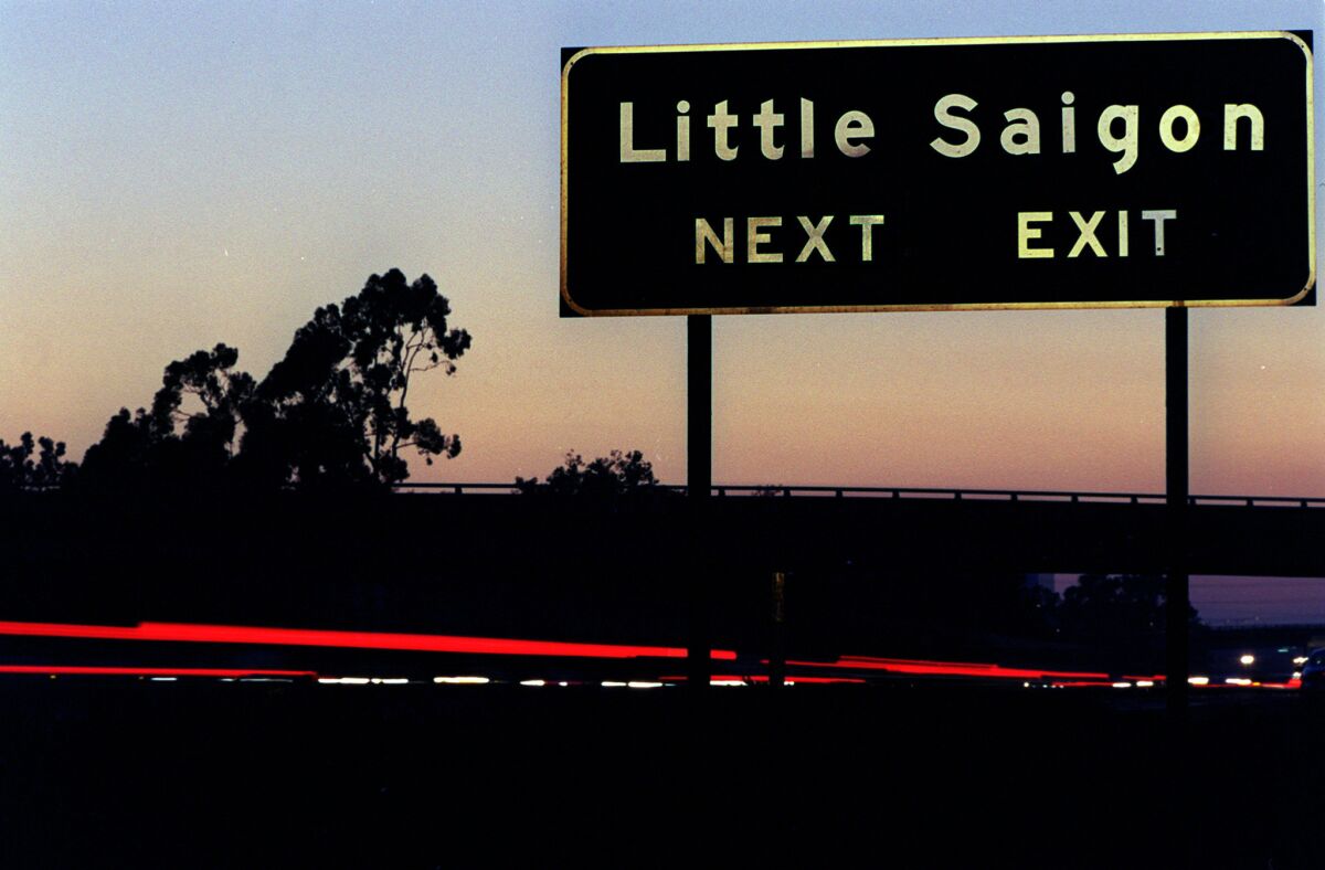 A Little Saigon sign along a freeway in Orange County.