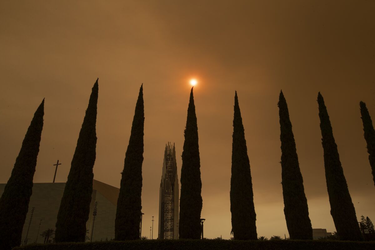 A row of cypress trees and a church tower stand against a smoky orange sky