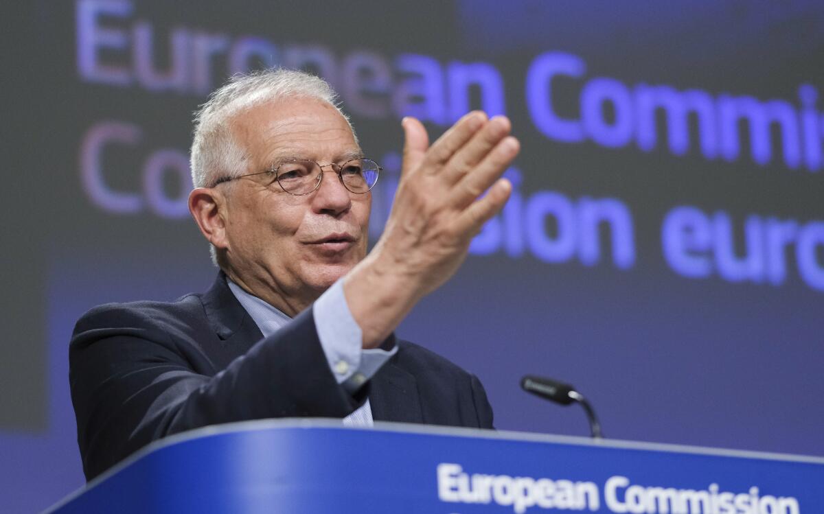 EU foreign policy chief Josep Borrell speaks during a video news conference May 26 at EU headquarters in Brusselsa.