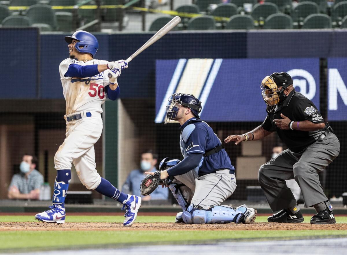 Dodgers right fielder Mookie Betts homers against Tampa Bay Rays.