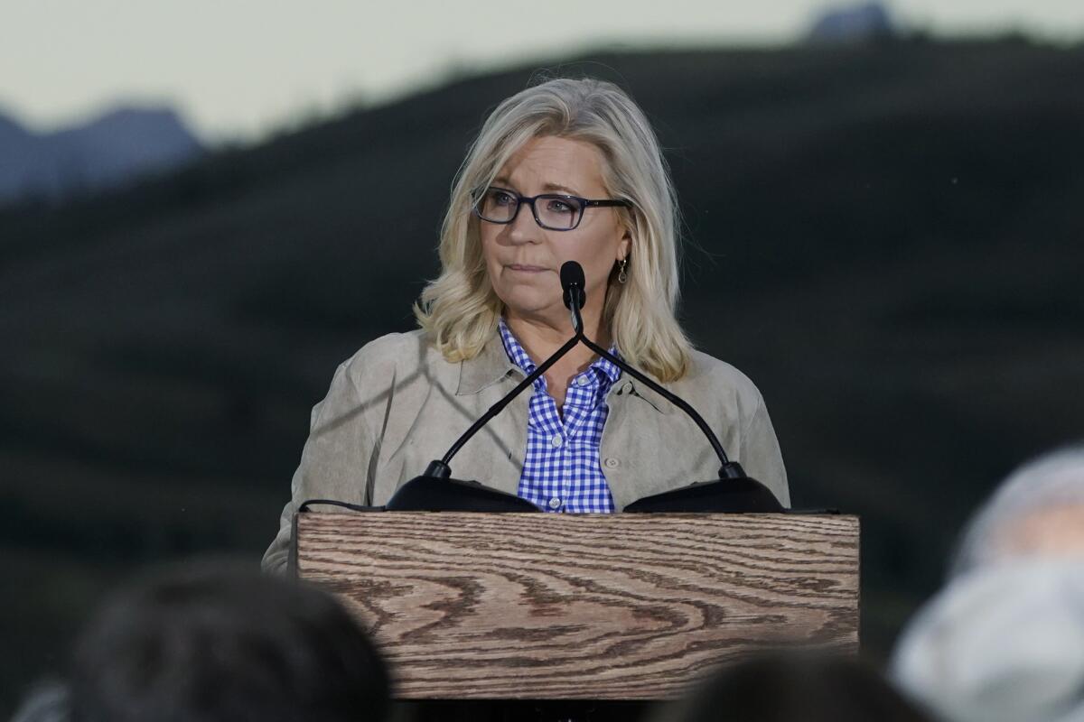 Rep. Liz Cheney (R-Wyo.) speaks at a lectern.