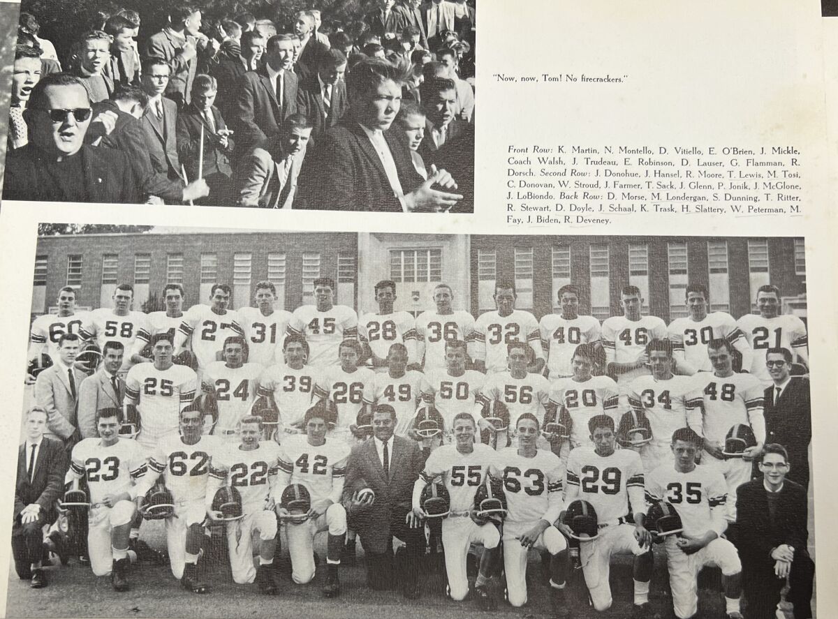 Football team photo in the Archmere Academy yearbook, where Joe Biden played football. Biden wore No. 30.