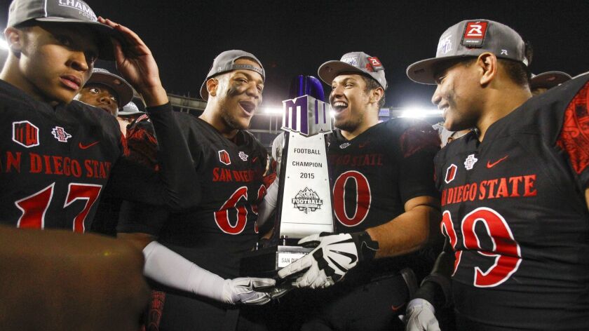 San Diego State players hold the Mountain West championship trophy after beating Air Force to win the 2015 title in a game hosted by the Aztecs at Qualoomm Stadium.