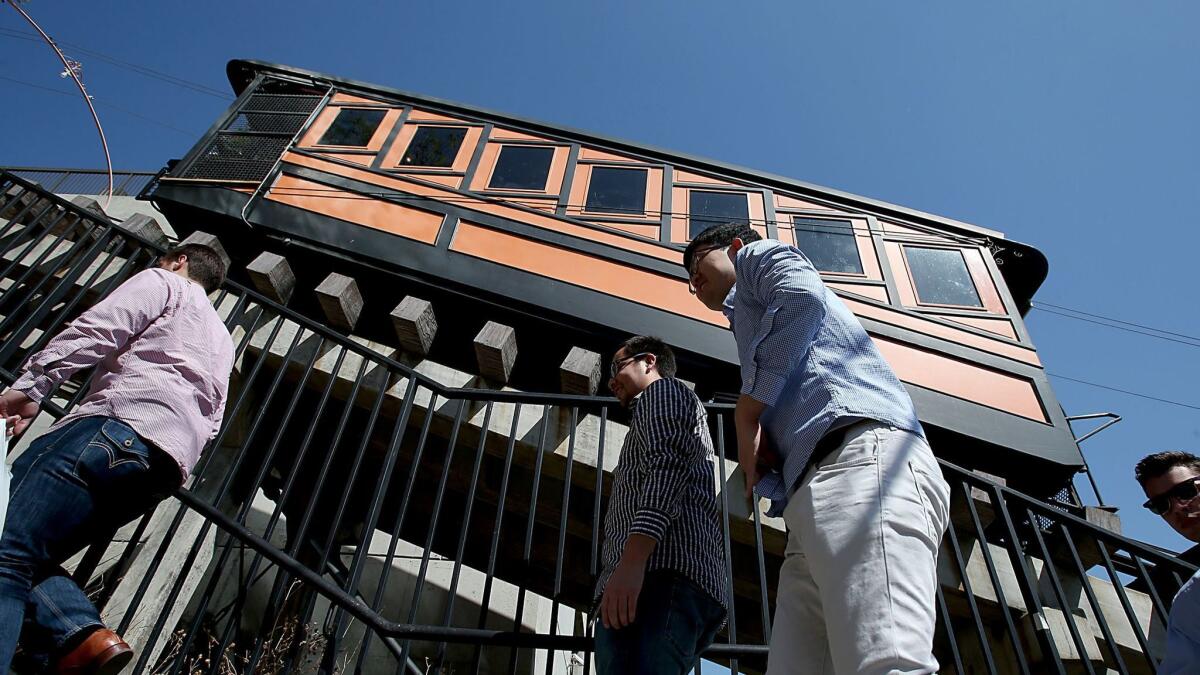 The historic Angels Flight funicular in downtown Los Angeles is scheduled to be up and running again by Labor Day. (Los Angeles Times)