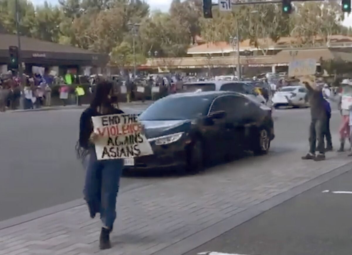 A frame grab from a Instagram video of a rally against anti-Asian hate in Diamond Bar 