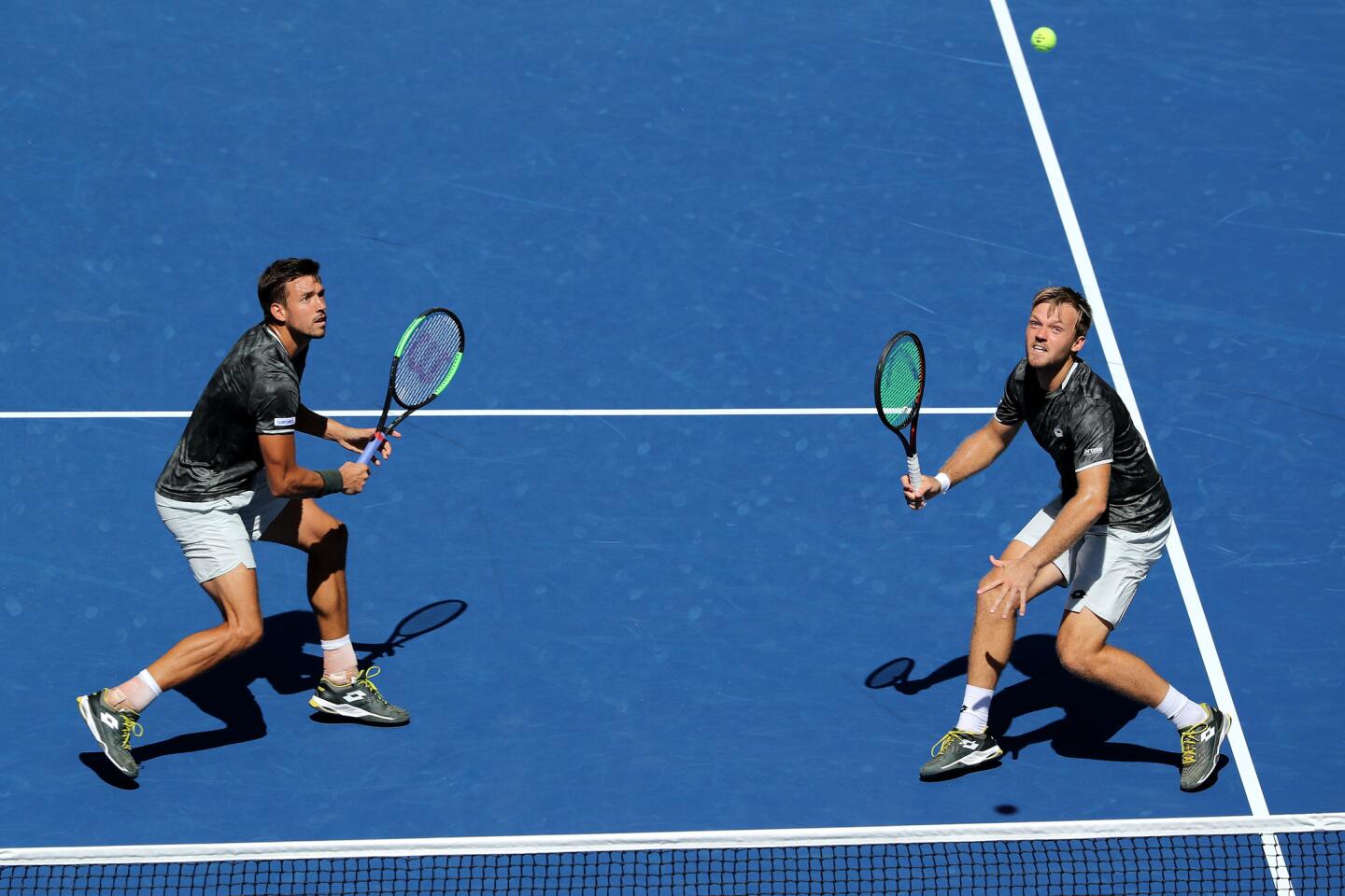 Kevin Krawietz and Andreas Mies of Germany in action during their Men's Doubles quarterfinal match against Leonardo Mayer of Argentina and Joao Sousa of Portugal on day nine of the 2019 U.S. Open at the USTA Billie Jean King National Tennis Center on Sept. 3, 2019, in Queens.