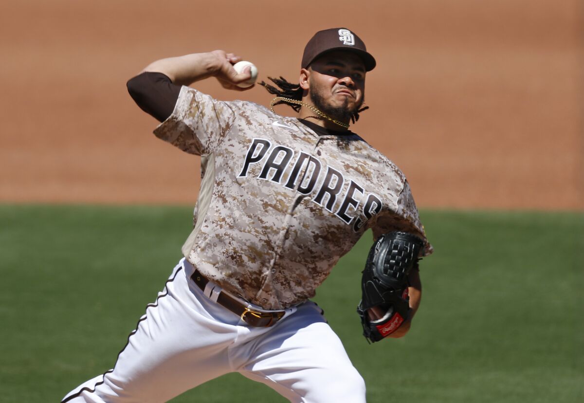 Padres pitcher Dinelson Lamet throws against the Diamondbacks on Sunday at Petco Park.