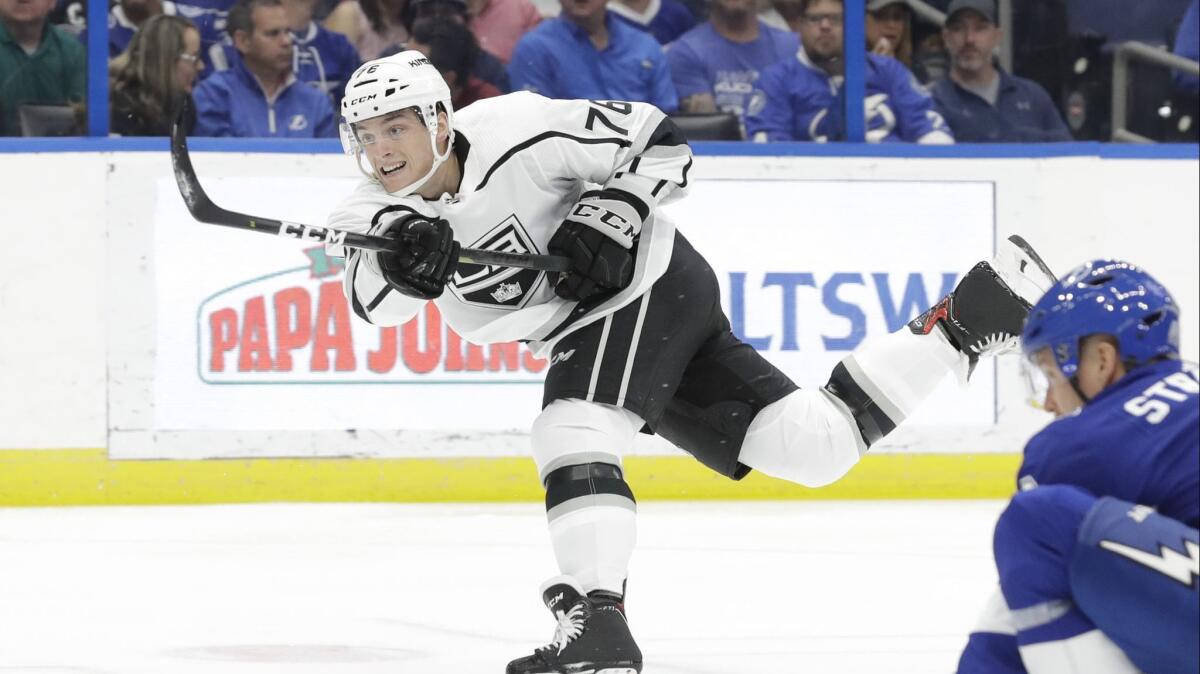 Kings left wing Jonny Brodzinski shoots during the first period of Monday's loss to the Tampa Bay Lightning.