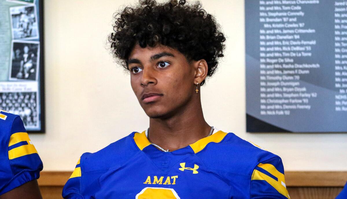 Bishop Amat cornerback Dyson McCutcheon listens to a question during the Mission League's media day on Aug. 5. 