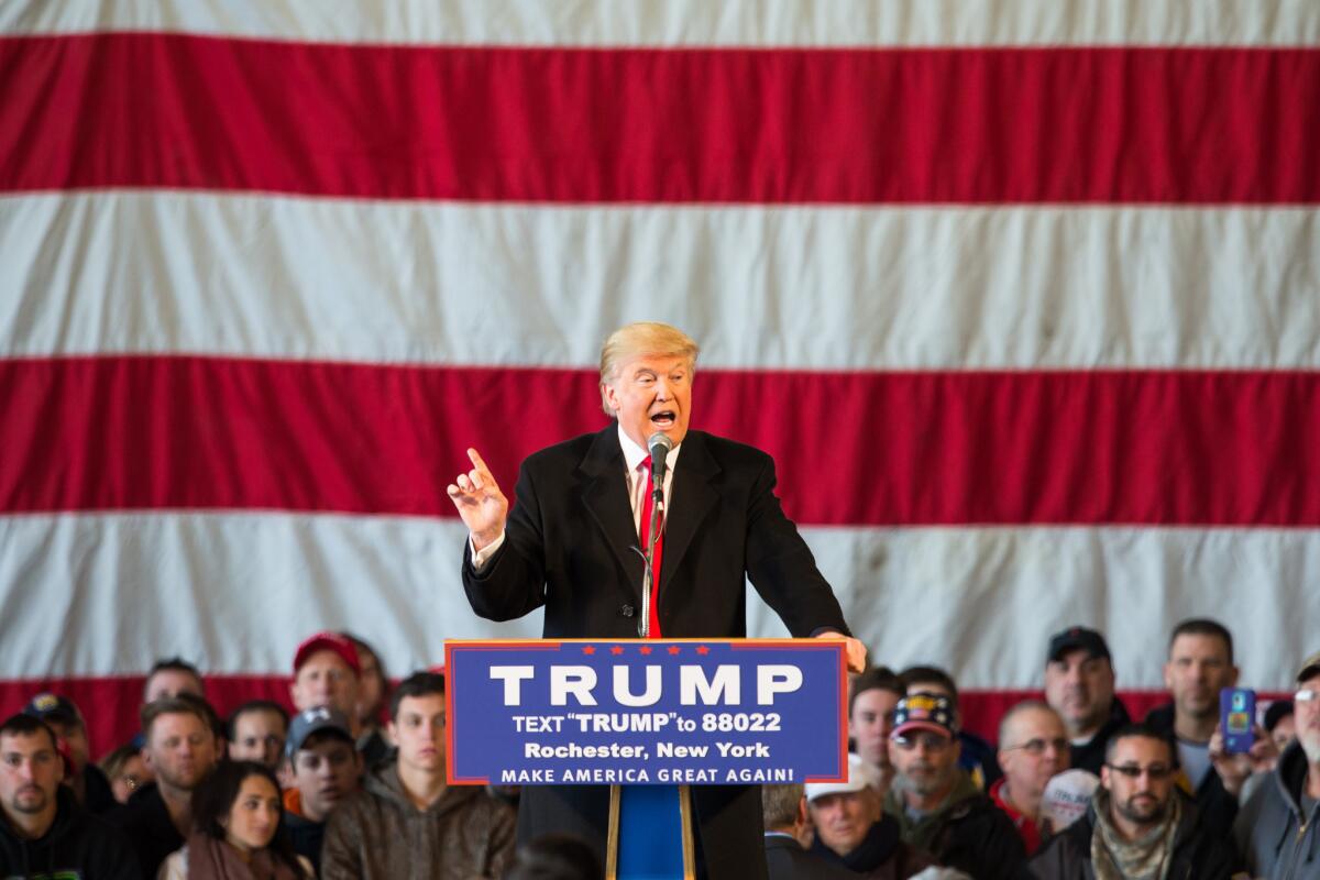 Republican presidential candidate Donald Trump speaks at a rally for his campaign on Sunday in Rochester, N.Y.