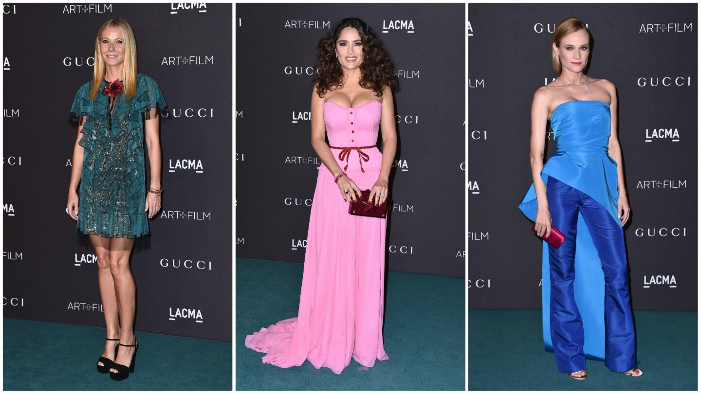 Among the attendees at the 2015 LACMA Art+Film Gala, sponsored by Gucci, were, from left, Gwyneth Paltrow (in Gucci), Salma Hayek Pinault (in Gucci) and Diane Kruger (wearing Monique Lhuillier).