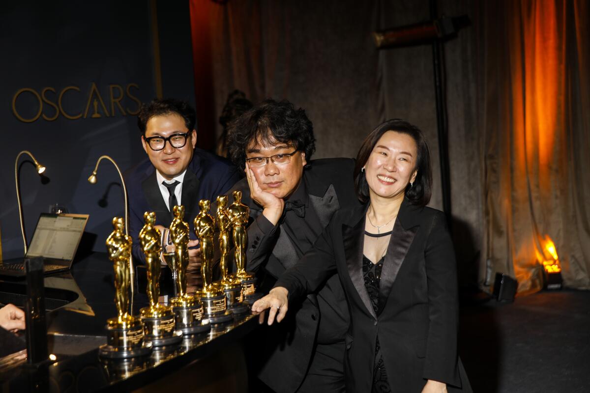 Bong Joon Ho, winner of the director Oscar and international feature Oscar for “Parasite,” at the Governors Ball after the Academy Awards.