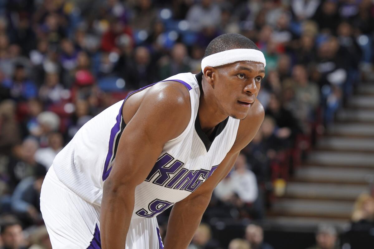 Kings guard Rajon Rondo (9) looks on during the game against the Jazz on Mar. 13.