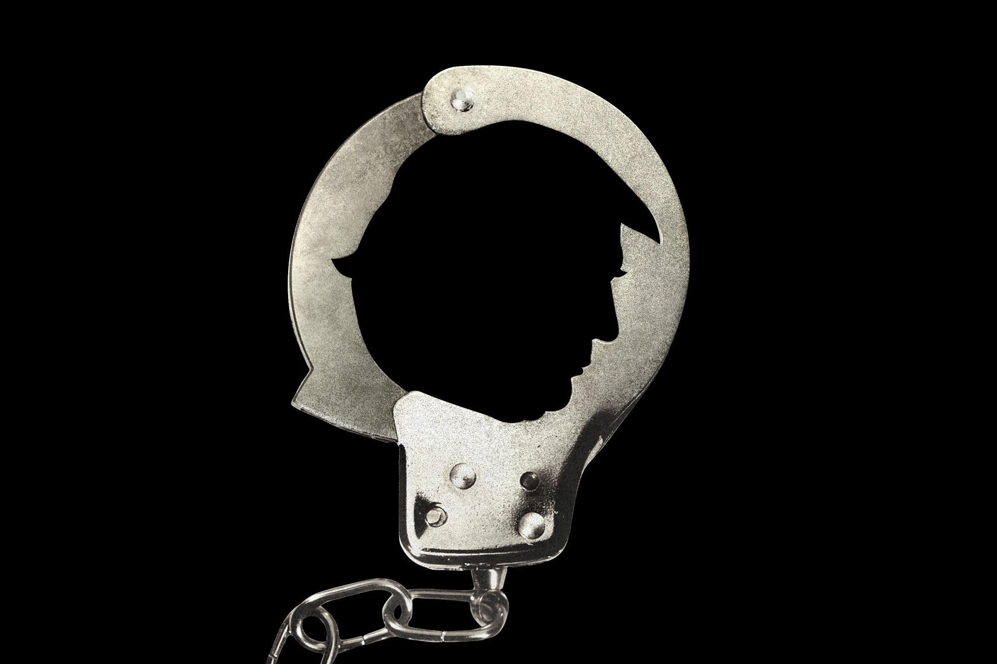 close up illustration of handcuff with the profile of Donald Trump's head in the negative space of the cuff.