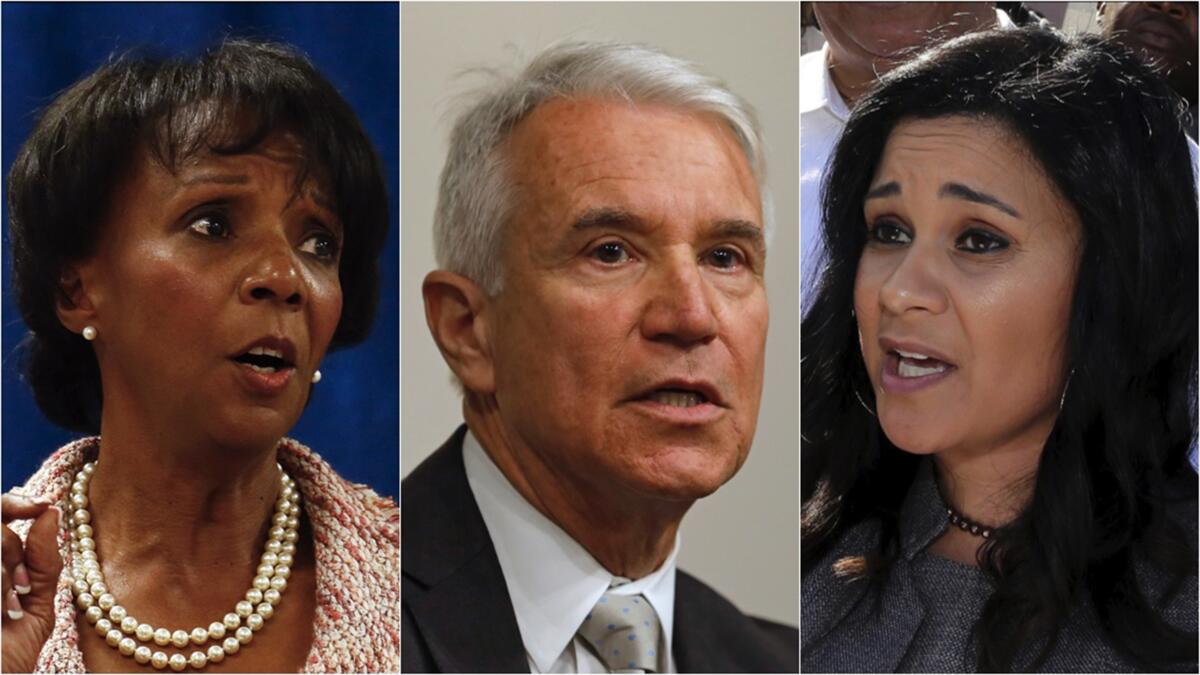 L.A. County Dist. Atty. Jackie Lacey, from left, former San Francisco Dist. Atty. George Gascón and former public defender Rachel Rossi.