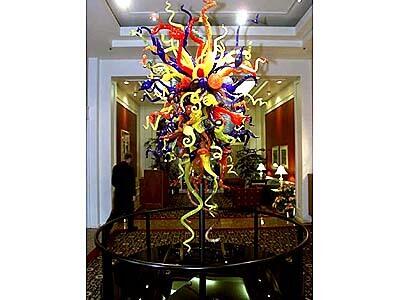 The focal point of the Alexis Hotel lobby is a sculpture by local glass artist Dale Chihuly.