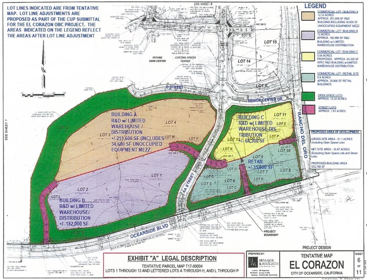 A map shows the layout of Sudberry's mixed-use development at El Corazon. Ionis Pharmaceuticals would be in Building A.
