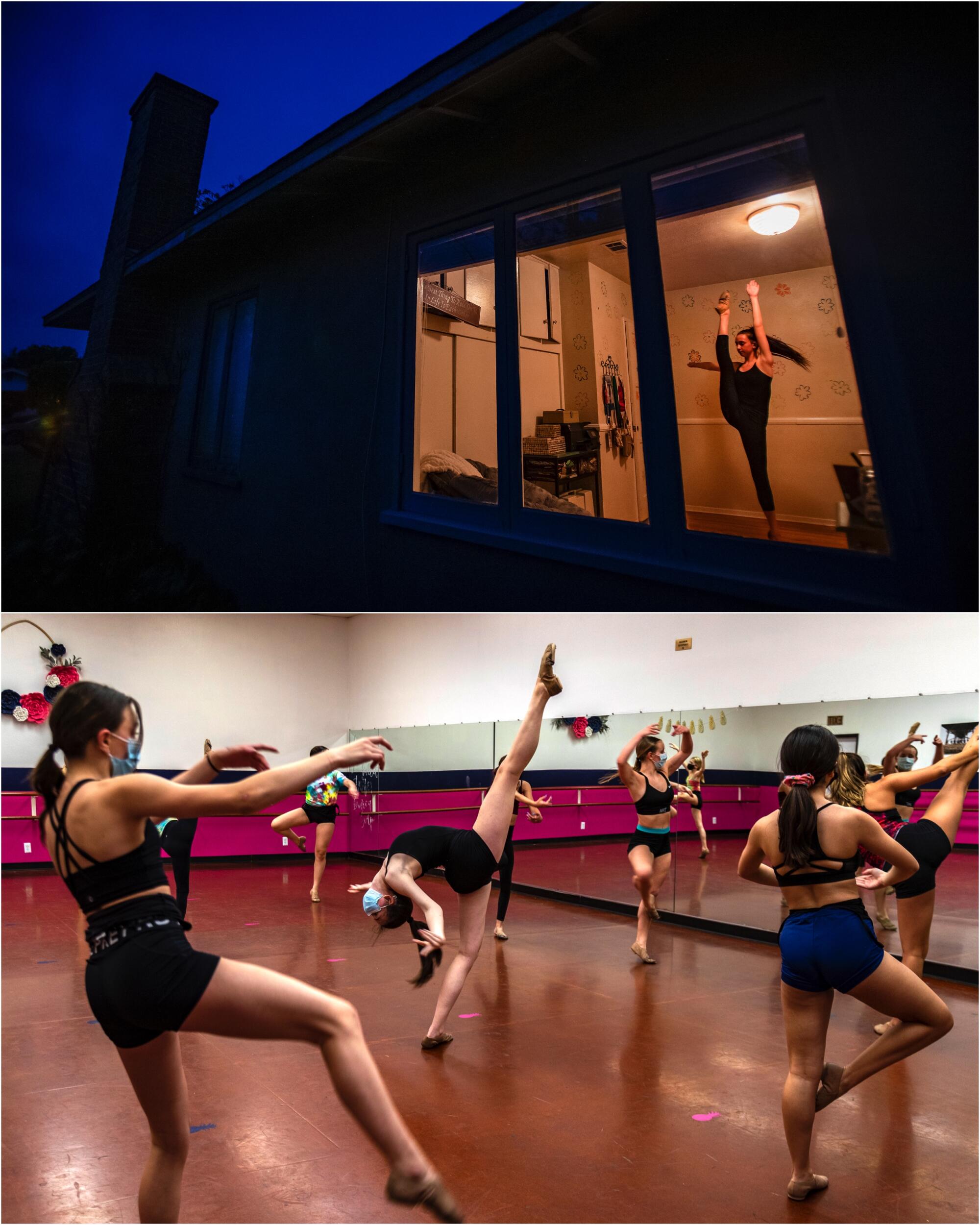 Top and bottom images: a girl in her bedroom dancing and girls in a dance class.