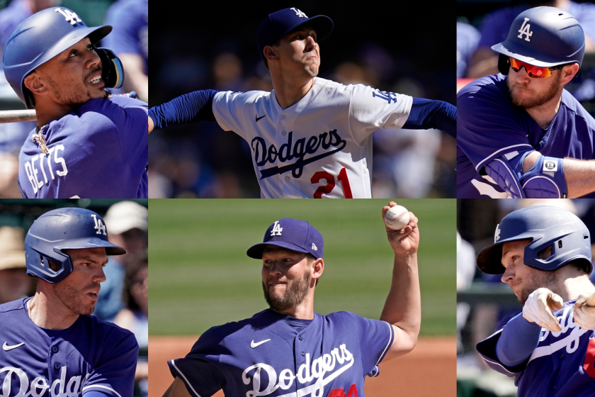 Collage of Mookie Betts, Walker Buehler, Max Muncy, Trea Turner, Clayton Kershaw and Freddie Freeman.