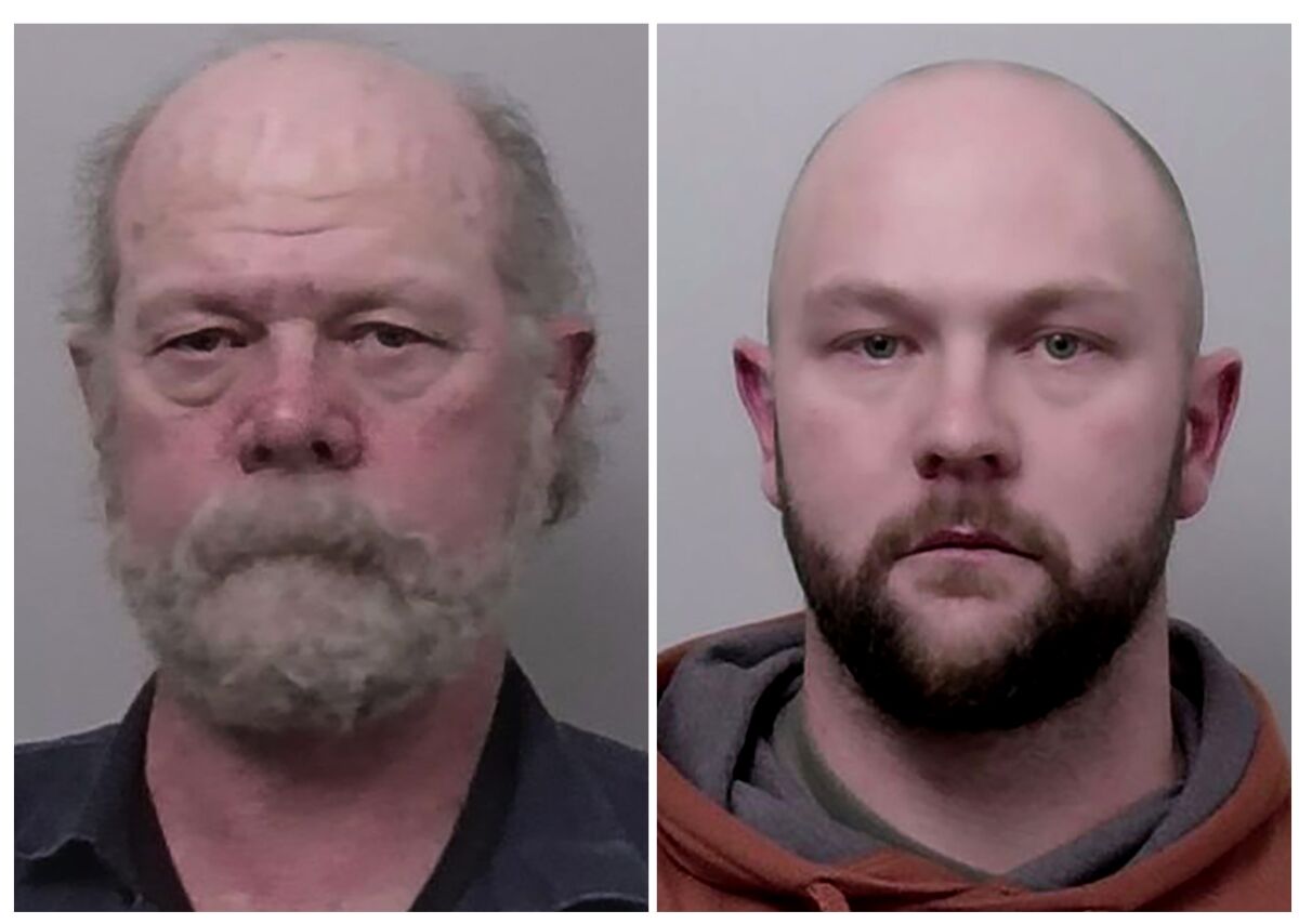 FILE - These images provided by the El Dorado County Sheriff's Office shows David Smith, left, and his son Travis Shane Smith, who were arrested Dec. 8, 2021 on suspicion of starting a massive California wildfire that destroyed many homes and forced tens of thousands of people to flee Lake Tahoe communities earlier this year, authorities said. The two are out of jail after a judge vastly reduced their $1 million bails. A Placerville judge on Monday, Dec. 13, 2021, reduced bail for Travis Shane Smith to $50,000 and reduced bail for David Scott Smith to $25,000. (El Dorado County Sheriff's Office via AP)