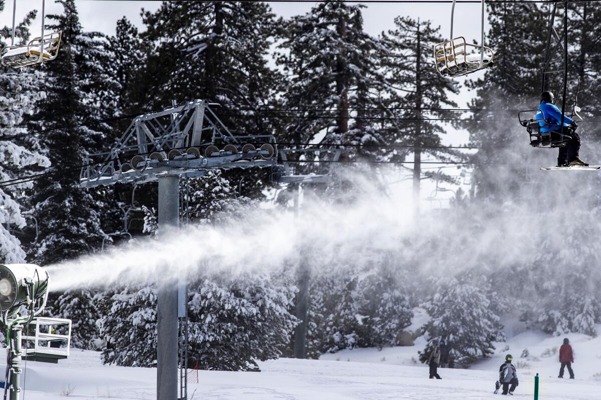 RUNNING SPRINGS, CA - DECEMBER 29: Man-made snow augments nearly a foot of fresh snow at Snow Valley Mountain Resort in the San Bernardino Mountains on Tuesday, Dec. 29, 2020 in Running Springs, CA. (Brian van der Brug / Los Angeles Times)